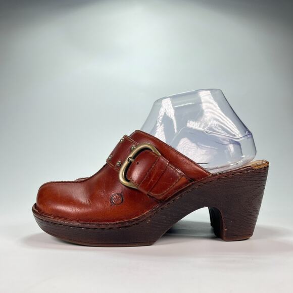 Born Brown Leather Comfort Slip On Chunky Stacked Heel Clog B40826 Womens Size 7 - Picture 4 of 11